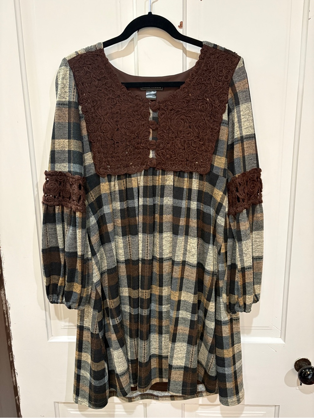 Jessica Howard Brown Plaid Dress with Crochet Yoke and Sleeve Bands